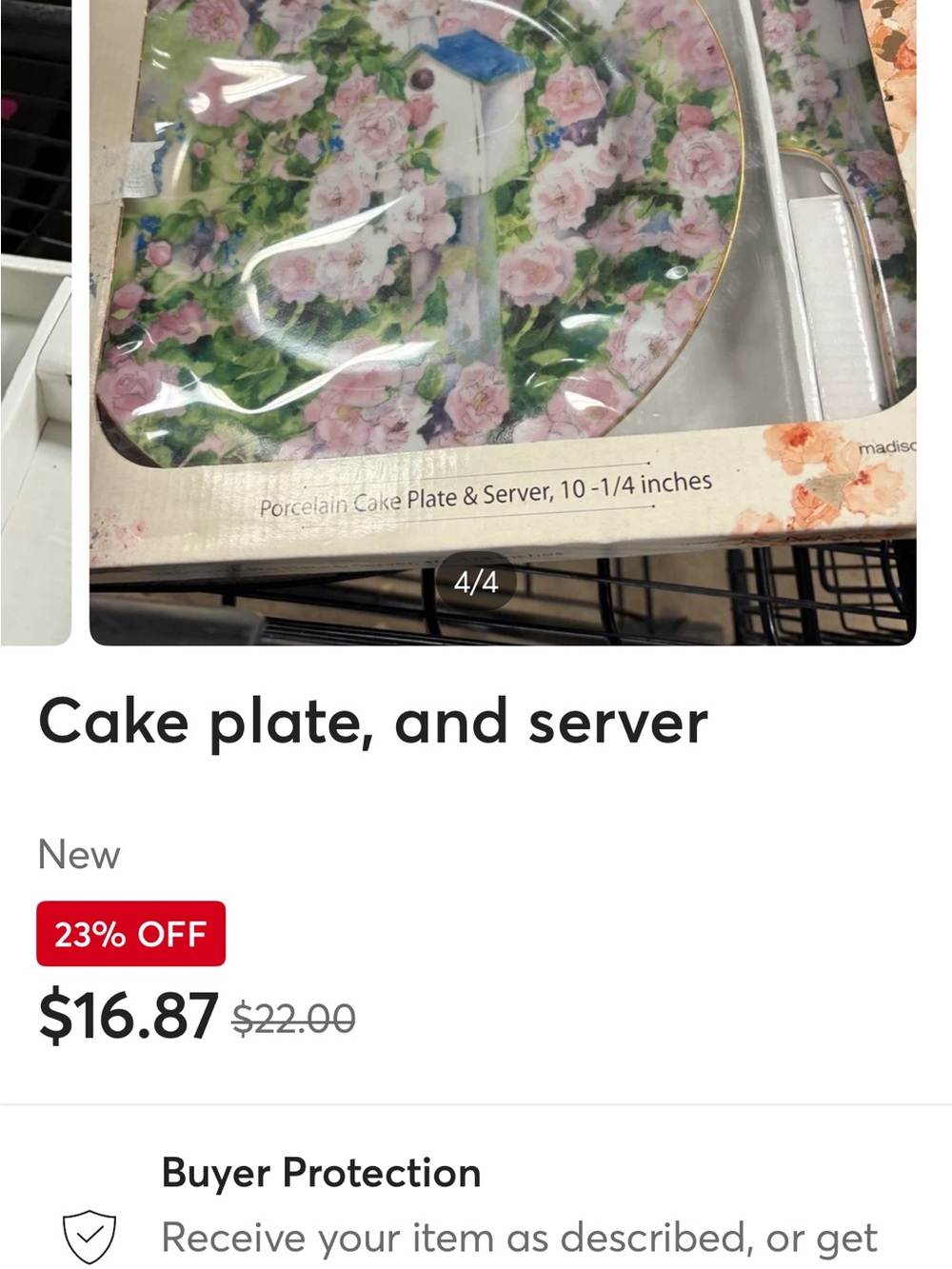 Porcelain Cake Plate & Server with Pink Rose and Green Foliage